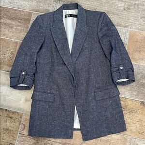 Zara Blue Chambray Longer Blazer Jacket Business Casual Womens XS
